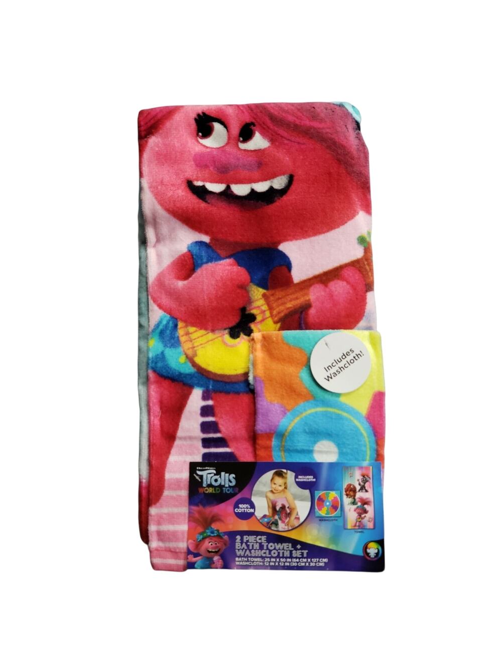 Trolls World Tour Towel & Wash Cloth Set 100% Cotton Kids Bathroom Decor Pool
